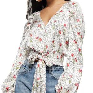 TOPSHOP Floral Dot Tie Front Satin Blouse